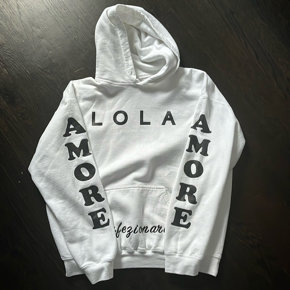 Lola.pizza Kingston New York white amore hoodie